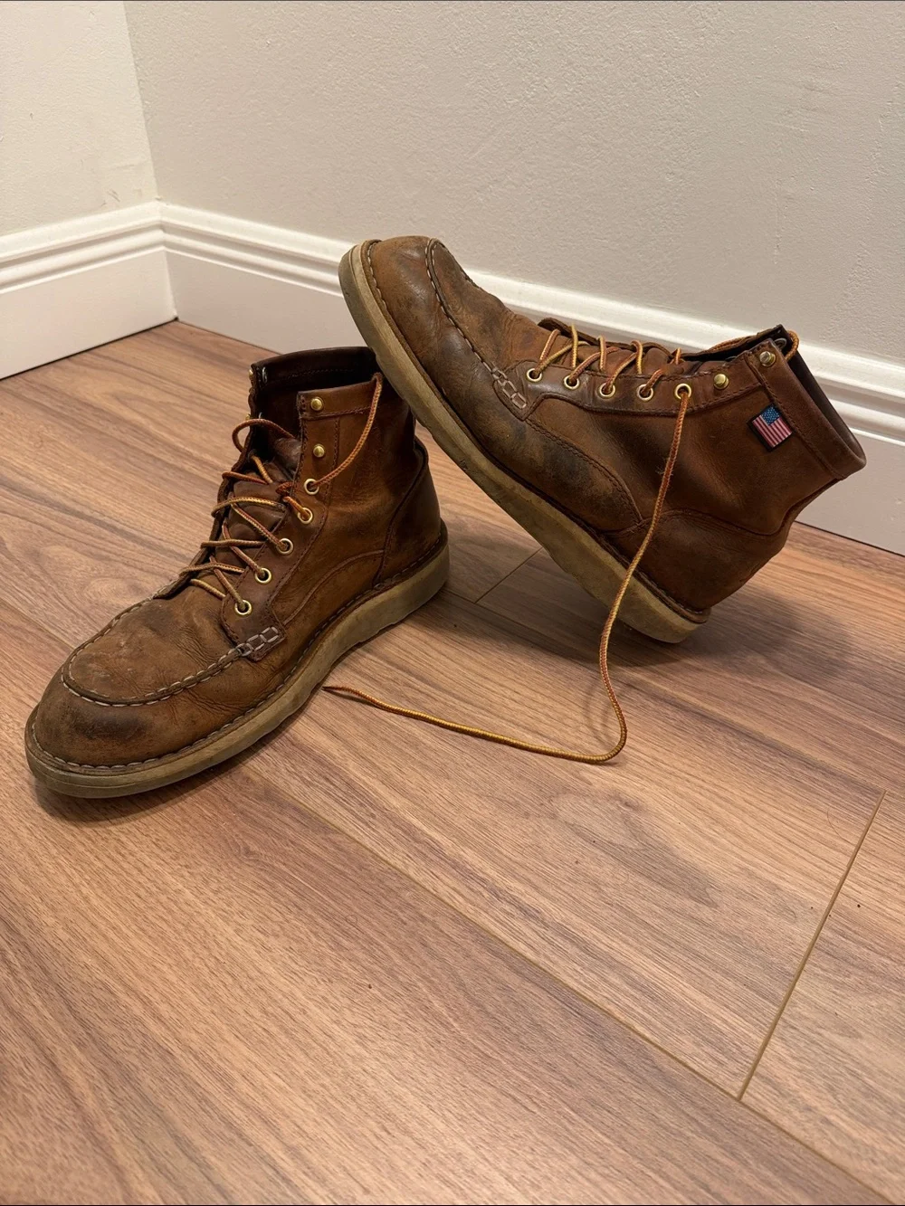 Danner Brown Leather Moc Toe Work Boots with American Flag Tab